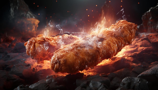 Fried fried chicken tender with flames and smoke on black background