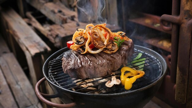 Fried garnish steak on barbecue grill on old backdrop