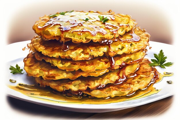 Fried golden potato pancakes piled high on plate