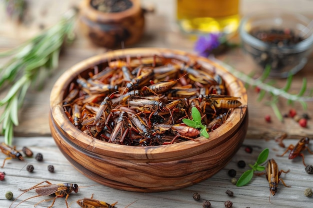Fried grasshopper or belalang goreng is a traditional southeast asian food served topped with green