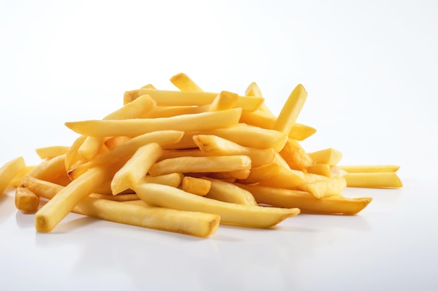 Fried hanging french fries with salt in a pile on a white background isolate AI generated
