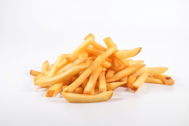 Fried hanging french fries with salt in a pile on a white background isolate AI generated