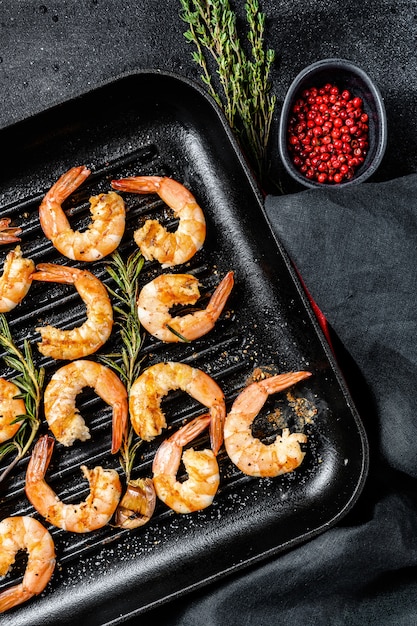 Fried king prawns, shrimps in a pan.  