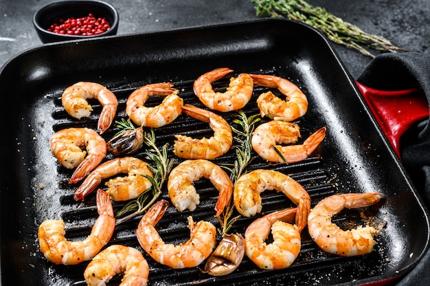 Fried king prawns, shrimps in a pan.