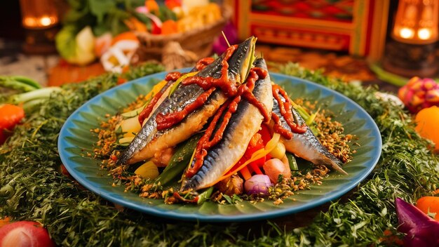 Fried mackerel chili paste and vegetable set thai food