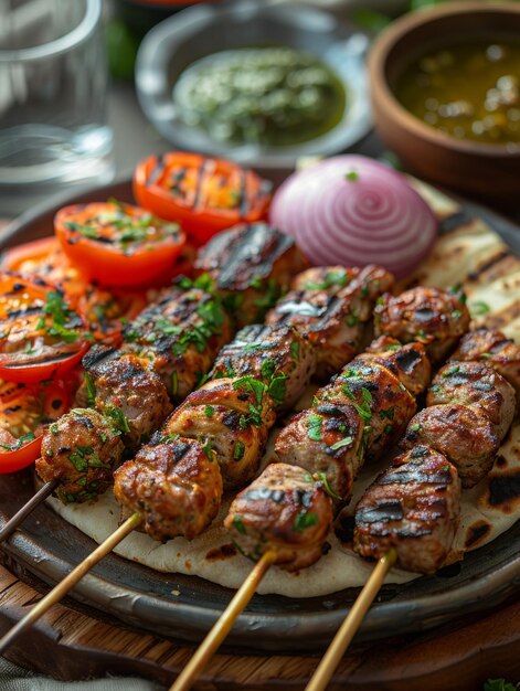 Fried meat shish kebab on a grill on a skewer a tasty but not healthy delicacy with grilled vegetables and pita bread from the oven pork steak