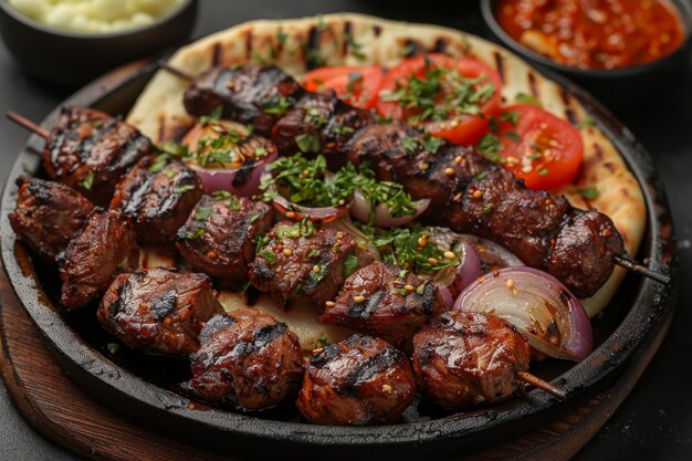 Photo fried meat shish kebab on a grill on a skewer a tasty but not healthy delicacy with grilled vegetables and pita bread from the oven pork steak