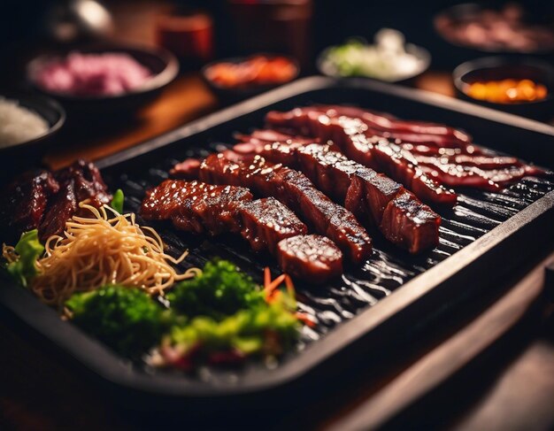 Photo a fried meat slices with fried onion on the wooden board background