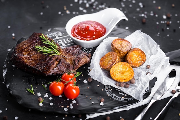 fried meat steak, with coarse salt, fried fries or idaho fries, sauce or ketchuk in a white bowl,