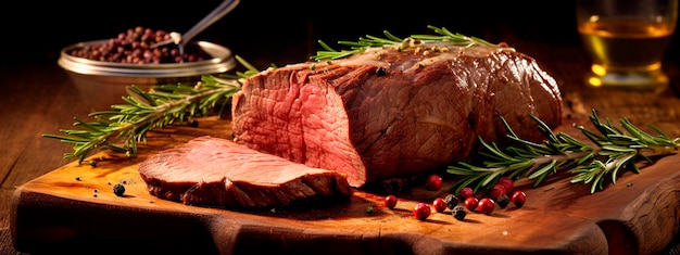 fried meat with rosemary on a wooden board