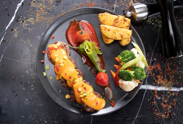 fried meatballs and special sauces on a black plate