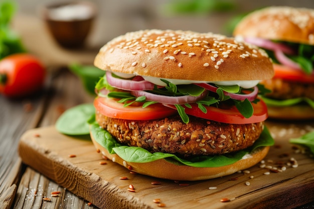 Fried meatless plant based vegan burger with tomato soya protein burgers meat free healthy food