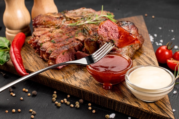 Fried medium rare marble steak with sauce on wooden background