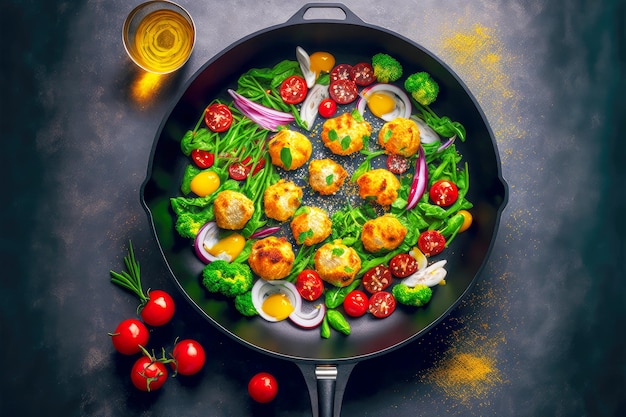 Fried mushrooms in frying pan with bright vegetables and butter