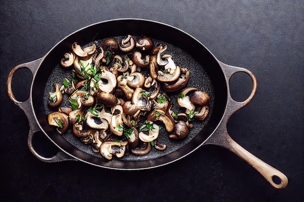 Photo fried mushrooms in frying pan with delicious crust on gray background