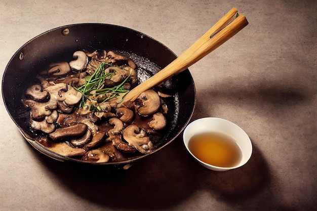 Fried mushrooms in frying pan with golden crust oil and herbs