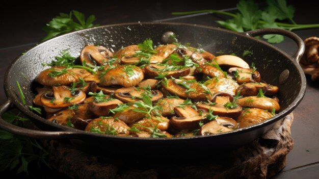 Fried mushrooms in a pan top view flat lay created with Generative AI technology