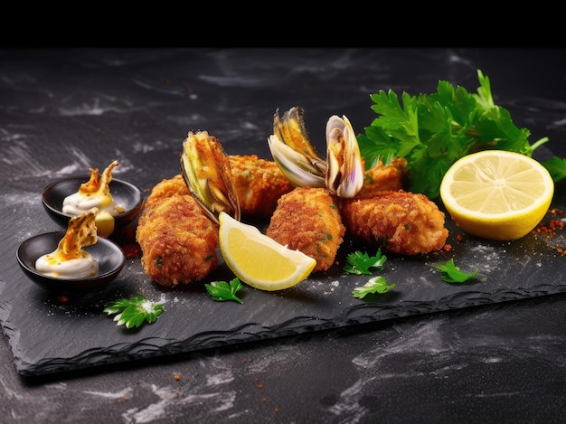 Fried mussels with garlic parsley lemon and spices on a black stone background