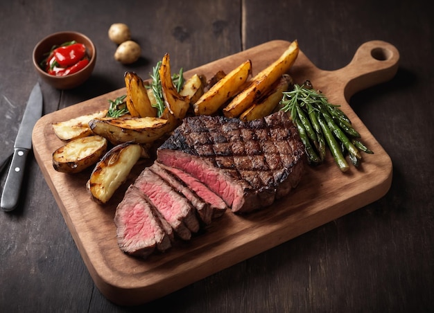 Fried New York steak with wedges potatoes and grilled vegetables