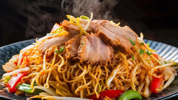 Fried noodle with pork in soy sauce and vegetable