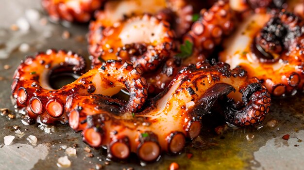 Fried octopus tentacles on a plate Selective focus