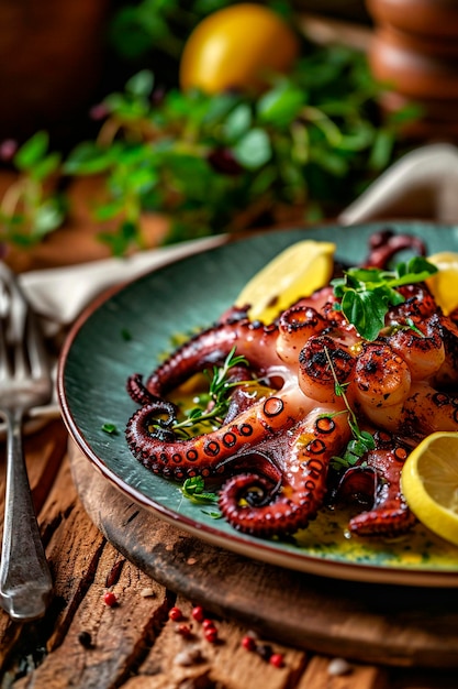 Fried octopus tentacles on a plate Selective focus