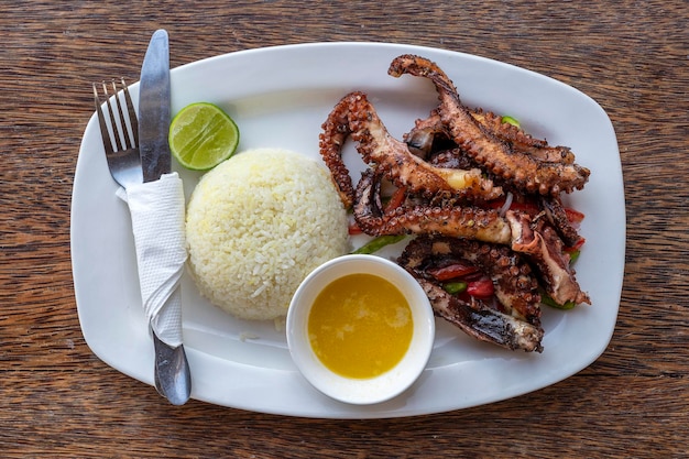 Fried octopus tentacles with white rice on a plate close up