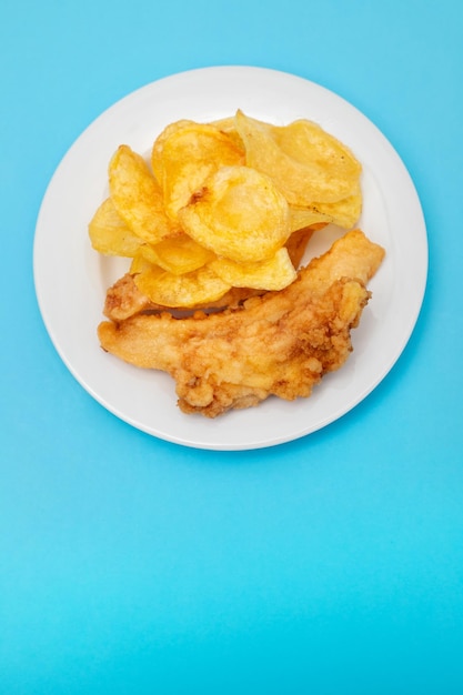 Polpo fritto con patata fritta su piccolo piatto bianco