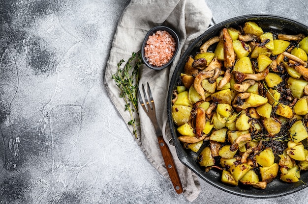 Fried oyster mushrooms with potatoes in a pan. . Space for text