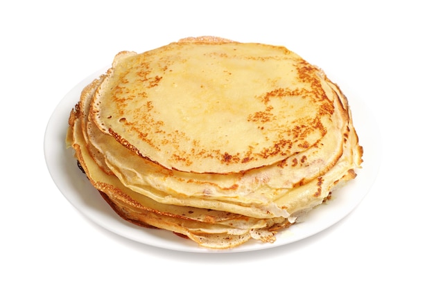 Fried pancakes in plate on white background