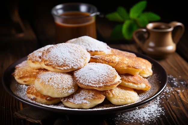 Fried pancakes with powdered sugar on an old wooden background