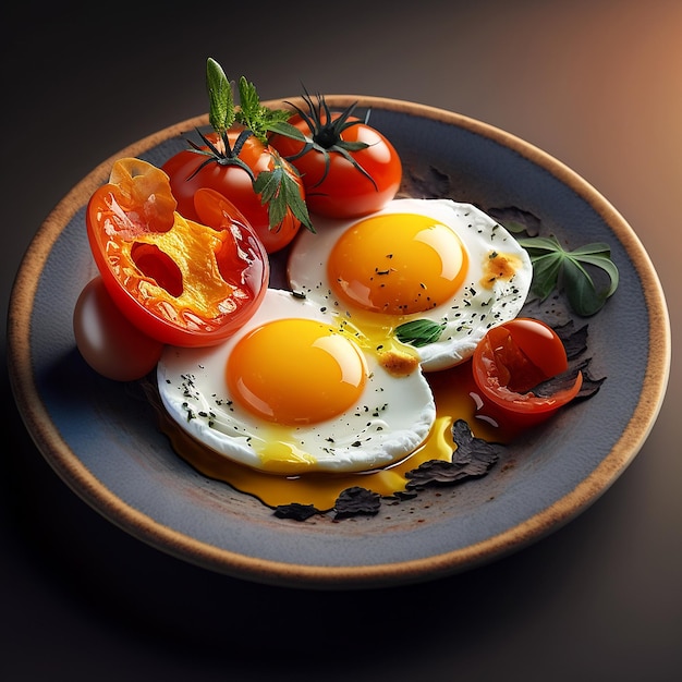 Fried pesto egg side ripe tomatoes on dish AI Generated