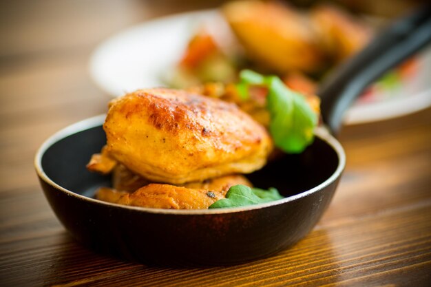 Fried pieces of chicken fillet in a pan