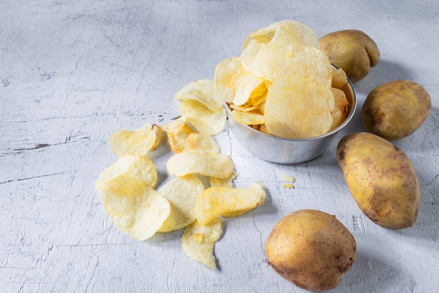 Fried potato chips and raw potato In a bowl