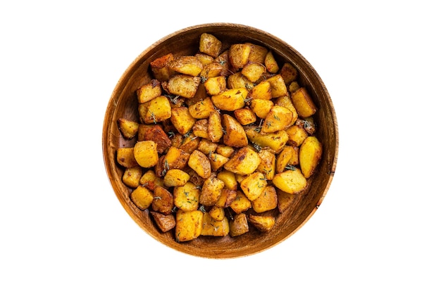 Fried potato Patatas bravas traditional Spanish potatoes snack tapas Isolated on white background