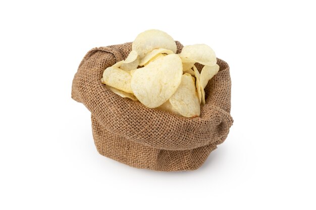 Fried potato slice in sack on white background