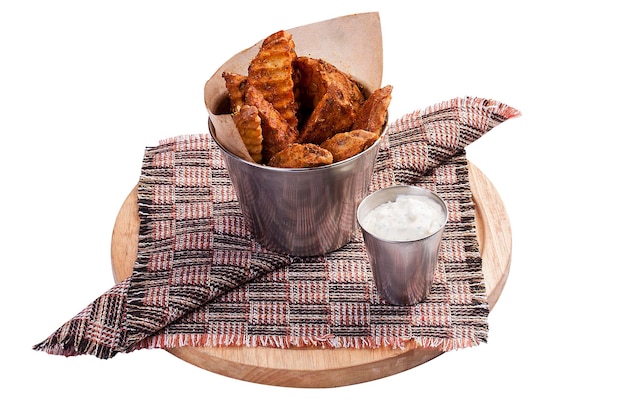 Fried potatoes in a bucket On white background