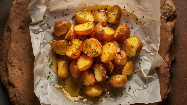 Photo fried potatoes on greaseproof paper on a stone background