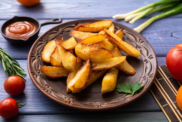 Fried potatoes in large pieces on a plate on the table with different vegetables.