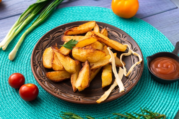 Fried potatoes in large pieces on a plate on a turquoise napkin on the table with different vegetables