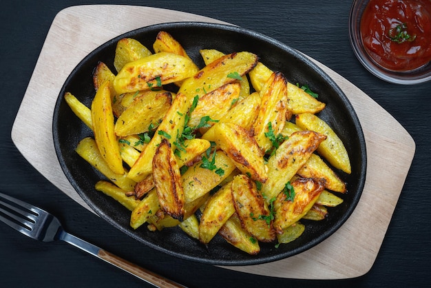 Fried potatoes in a rural style with spices and ketchup On rustic pan on a wooden table