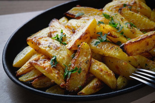 Fried potatoes in a rural style with spices On rustic pan on a wooden table