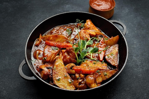 Fried potatoes in sauce with mushrooms and vegetables on dark concrete