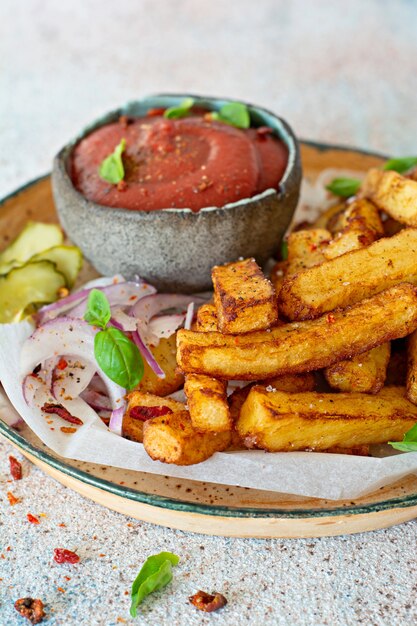 Fried potatoes with herbs and spices