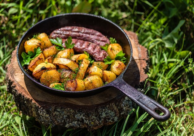 鋳鉄製フライパンに肉ソーセージを入れたフライドポテト