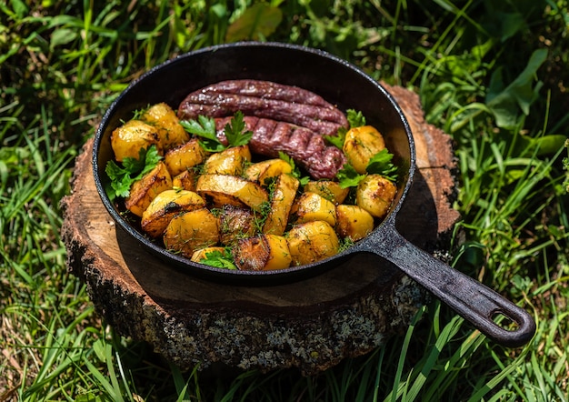 Fried potatoes with meat sausages in a cast-iron frying pan