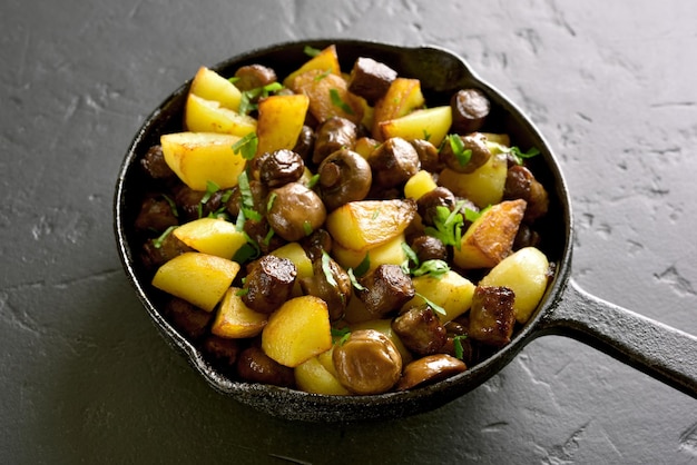 Fried potatoes with mushroom and sausage