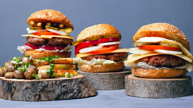 Fried potatoes with mushrooms and juicy meat burgers on wooden stumps on gray background. forest fast food.