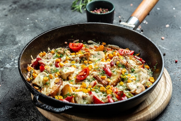 Fried potatoes with onions, corn, tomatoes, bacon and cheese in cast iron pan. Food recipe background. Close up.