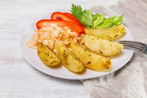 Fried potatoes with sauerkraut, sweet peppers and celery